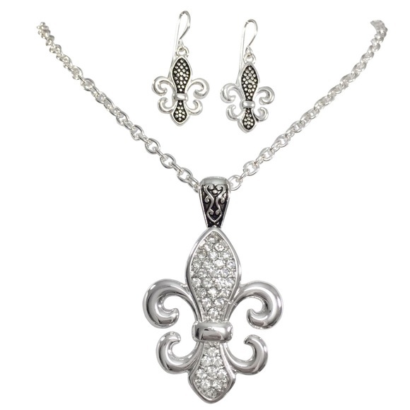 Fleur De Lis Rhinestone Silver Necklace Set - Picture 1 of 3